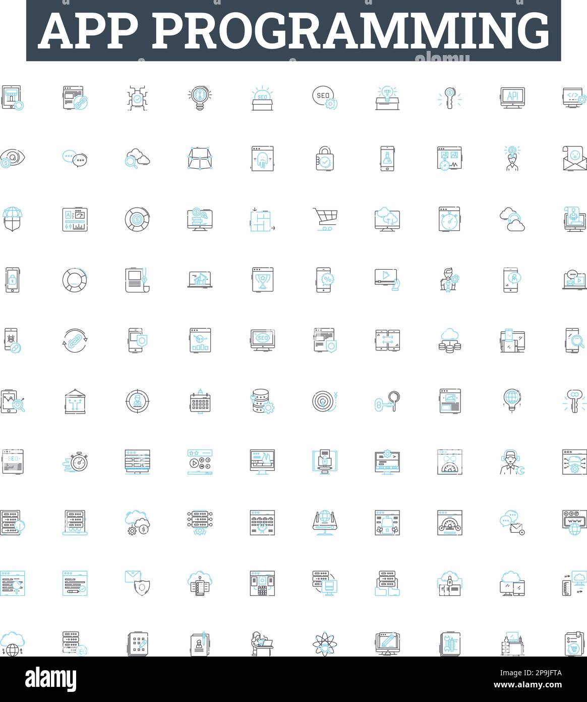 Jeu d'icônes de ligne vectorielle de programmation d'application. App, programmation, codage, développement, iOS, Android, illustration de la conception, présente les symboles et les signes du concept Illustration de Vecteur