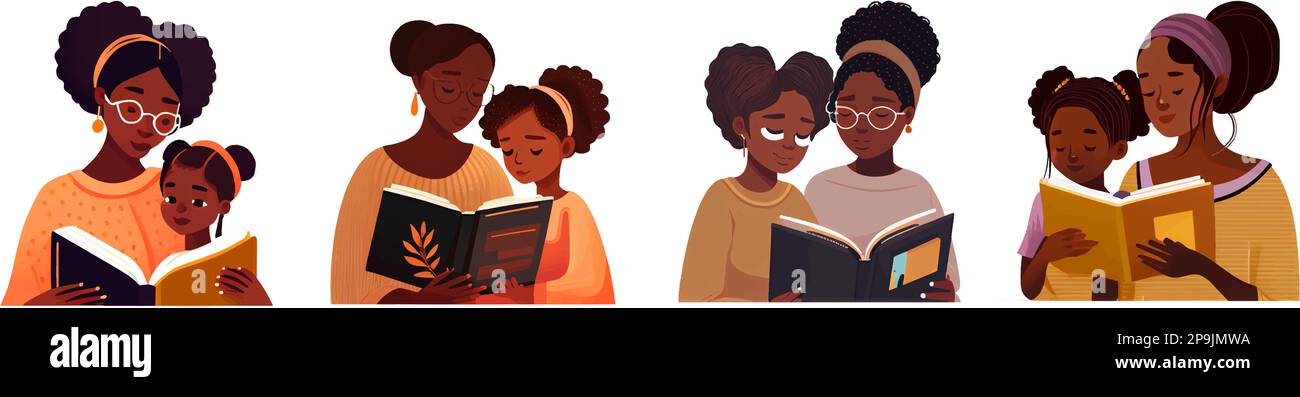 définir le vecteur horisontal illustration de la mère avec la fille lisant un livre Illustration de Vecteur