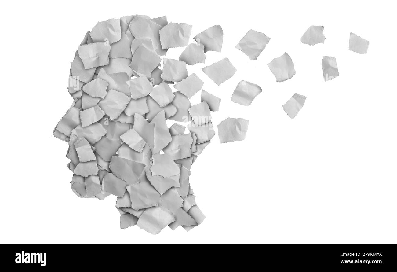 La perte de la fonction cérébrale comme perte de mémoire ou de démantia comme la maladie d'Alzheimer ou maladie de parkinsons comme l'apsychologie ou la thérapie d'esprit de psychiatrie comme papier déchiré. Banque D'Images