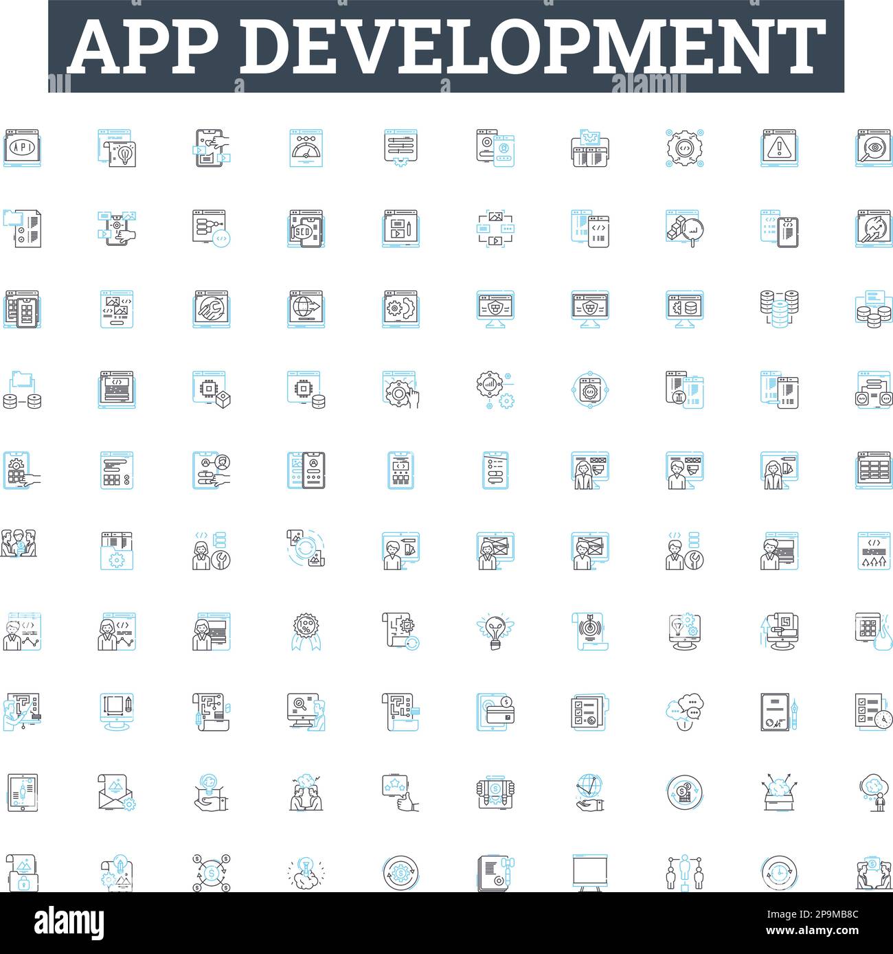 Ensemble d'icônes de lignes vectorielles de développement d'applications. application, développement, conception, mobile, logiciel, le codage, l'illustration du développement présentent les symboles et les signes du concept Illustration de Vecteur