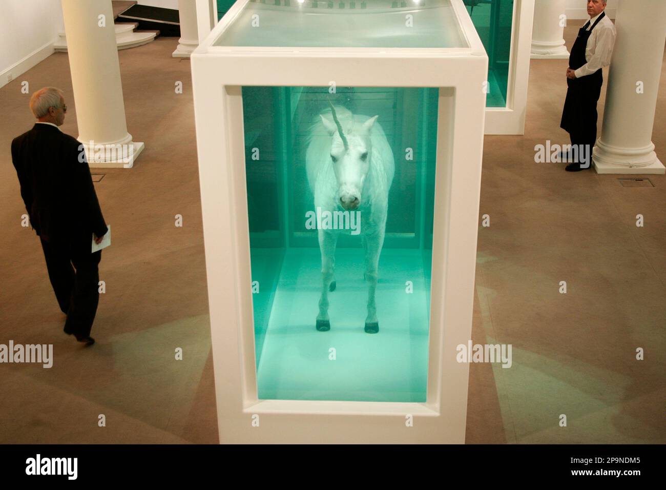 A visitor looks at a work 'The Dream' by British artist Damien Hirst at an auction house in London, Monday, Sept. 8, 2008. The work is to be auctioned in a 'Beautiful Inside My Head Forever' sale on Sept. 15 and 16 with an estimated price of 2,000,000 to 3,000,000 pounds, US$3,950,000 to US$5,930,000, euro530,000 to euro3,800,000. (AP Photo/Sang Tan) Banque D'Images