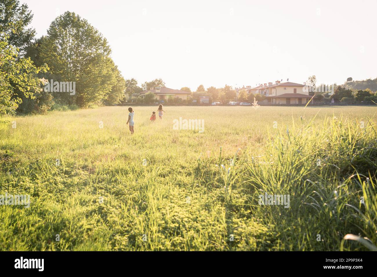 vue grand angle sur trois enfants qui s'exécutent dans le champ le soir Banque D'Images