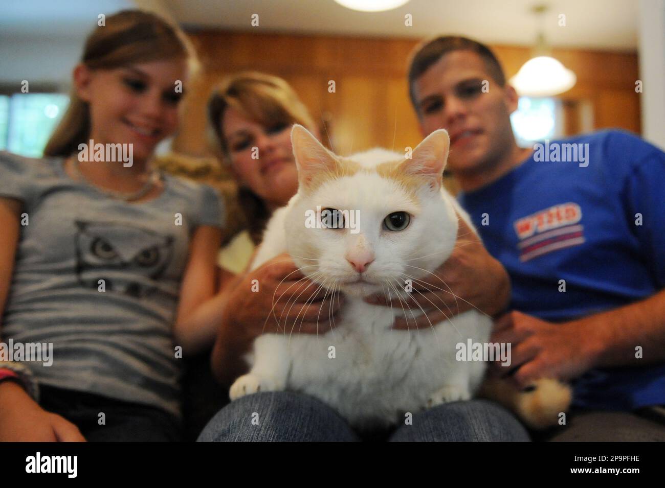 Turnersville resident Donna Damiani, center, and her children Melissa, left, 12, and Vince, 17, are the new owners of fat cat Prince Chunk, as they pose Monday, Aug. 25, 2008, in Washington Township, N.J. Donna Damiani's family was chosen earlier this month from more than 500 applicants to care for the cat, who was found lumbering around the town of Voorhees after his owner lost her home to foreclosure last month. (AP Photo/Courier-Post, John Ziomek) ** PHILADELPHIA OUT ** Banque D'Images