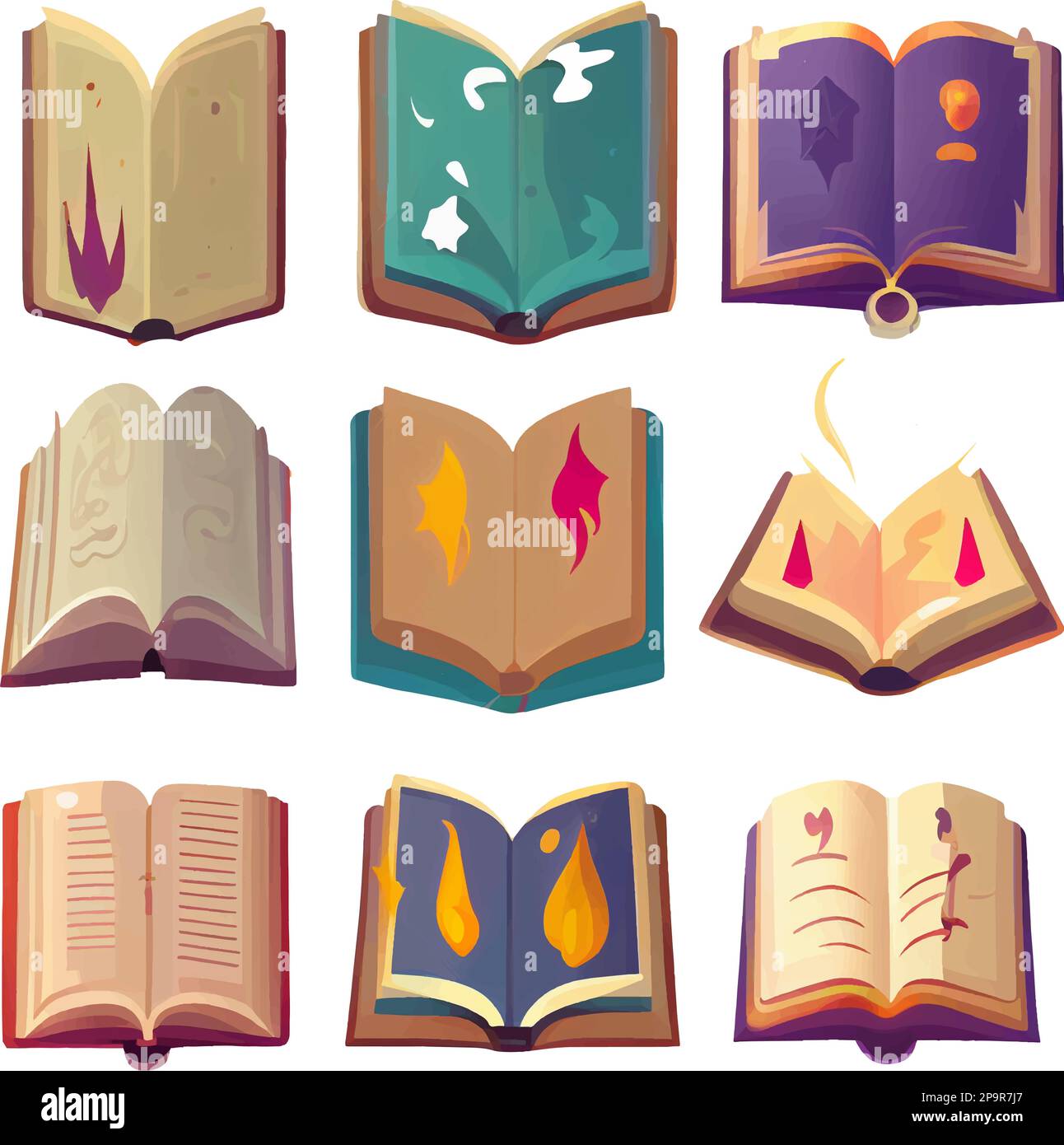illustration de l'ensemble vectoriel dans le style de dessin animé d'un livre magique ouvert Illustration de Vecteur