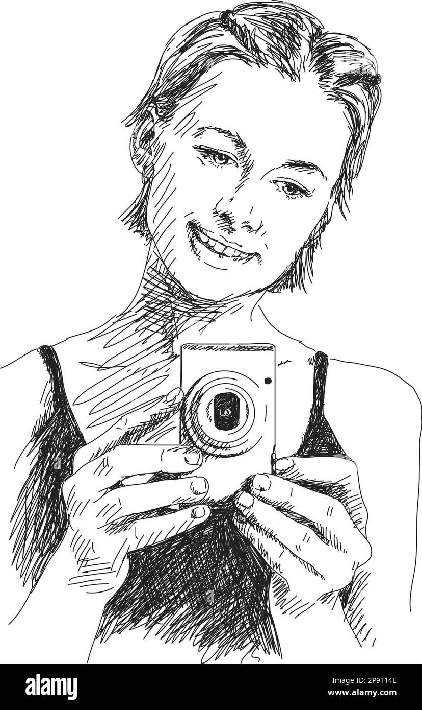 Croquis de la femme prenant des photos avec un appareil photo compact, illustration dessinée à la main Illustration de Vecteur
