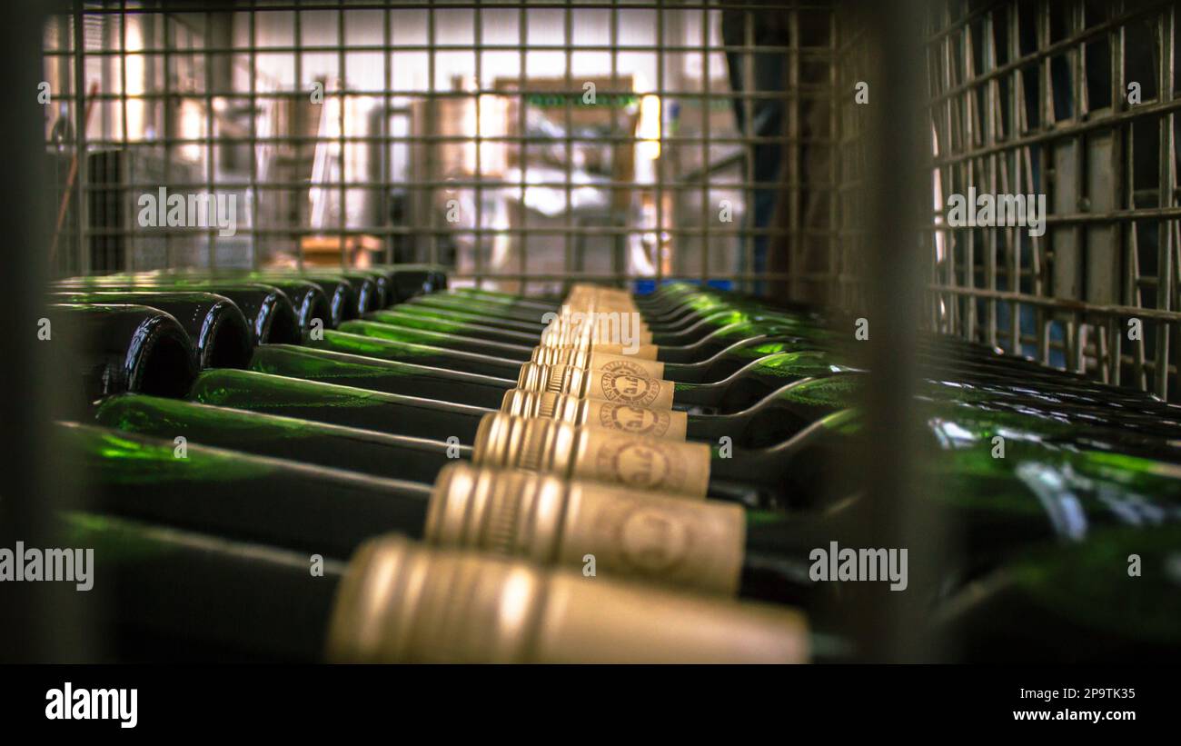 Ligne d'embouteillage de vin - usine automatique à la photo de stock de cave de vinification. Usine de bouteilles, pile/pile de bouteilles Banque D'Images