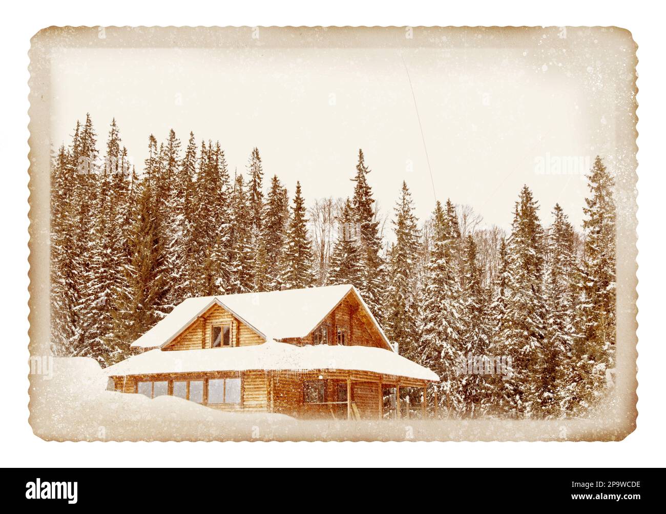 Ancienne photo papier. Chalet dans une forêt de conifères enneigée, le jour d'hiver Banque D'Images