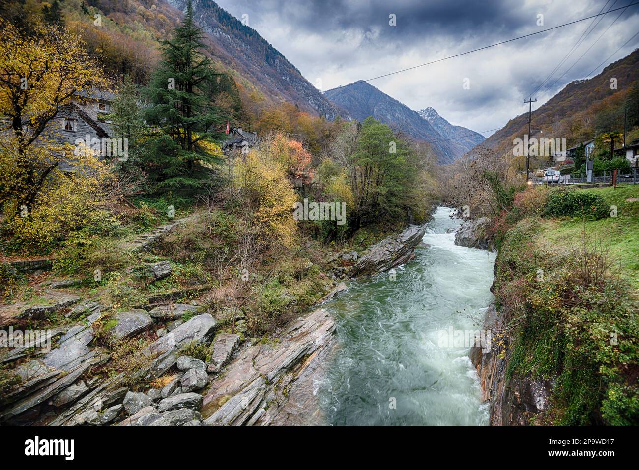 Rivière qui coule rapidement dans le Val Verzasca, Suisse, par une journée nuageuse en automne avec une brume suspendue faible parmi les arbres colorés sur les pentes de montagne. Banque D'Images