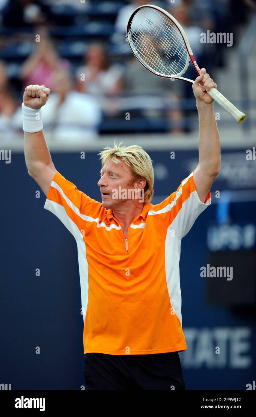 ADDS EXHIBITION TO CAPTION**Boris Becker reacts after challenging a call  during his exhibition match against Daniel Nestor at the Rogers Cup in  Toronto, Monday July 21, 2008. (AP Photo/The Canadian Press, Aaron