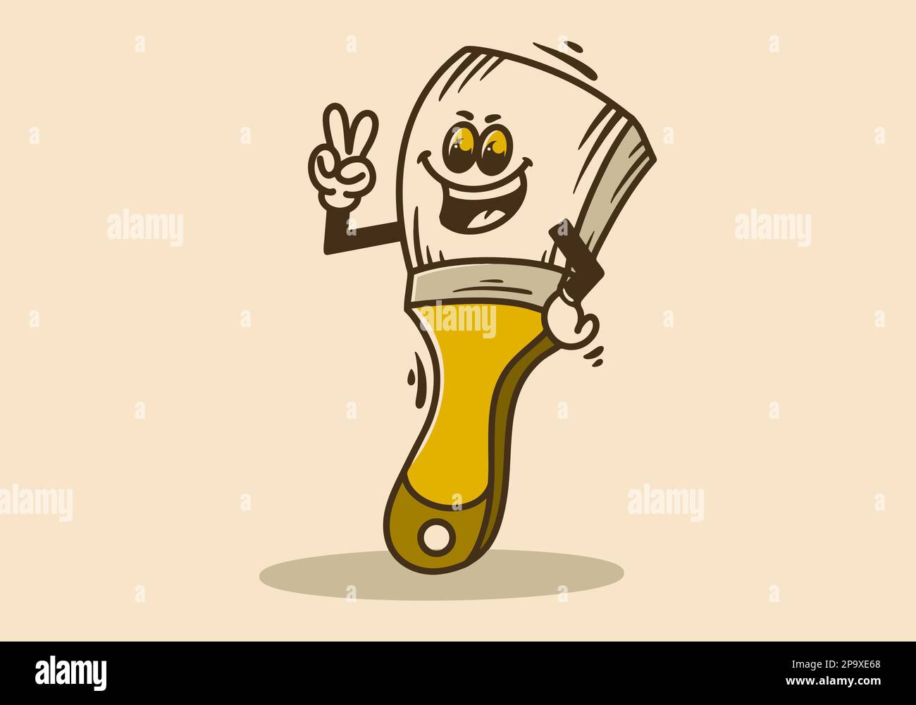 Motif mascotte d'un pinceau sur pied avec les mains formant un symbole de paix Illustration de Vecteur