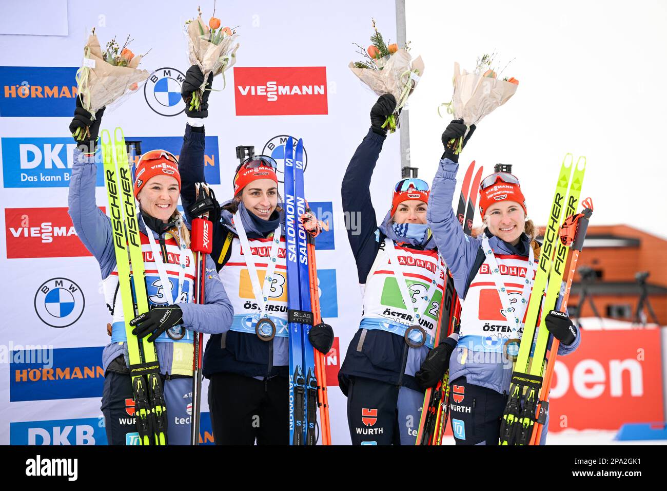 Germany's team from left, Denise Herrmann-Wick, Vanessa Voigt, Hanna Kebinger and Janina Hettich-Walz celebrate on the podium after finishing third in the women's 4x6 km , during the Biathlon World Cup in Ostersund, Sweden, Saturday March 11, 2023. (Anders Wiklund/TT via AP) Banque D'Images