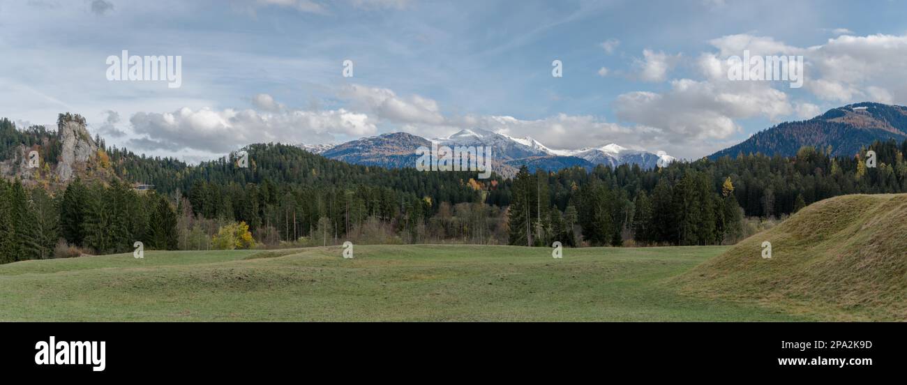 Vue panoramique sur les pâturages verts et la forêt aux couleurs de l'automne avec des montagnes enneigées dans les Alpes de Suisse dans la région de Surselva Banque D'Images