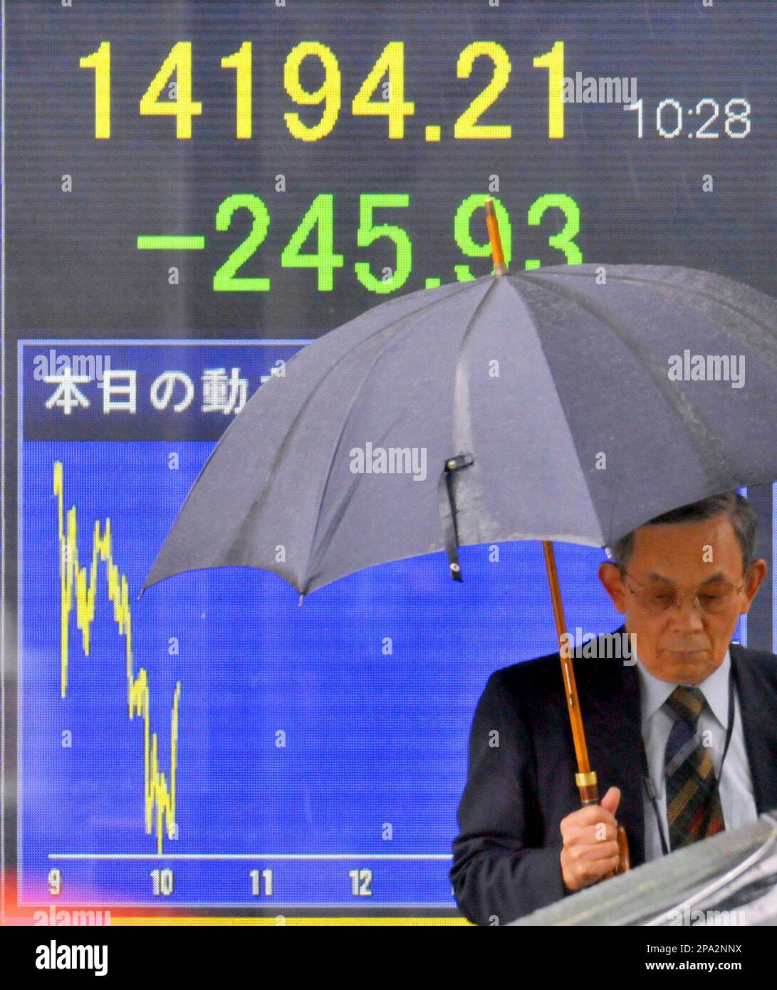 A pedestrian walks past an electric market board outsdie securities firm in Tokyo, Tuesday, June 3, 2008. Japan's Nikkei 225 falls 218.35 points, or 1.51 pct, in morning session. (AP Photo/Katsumi Kasahara) Banque D'Images