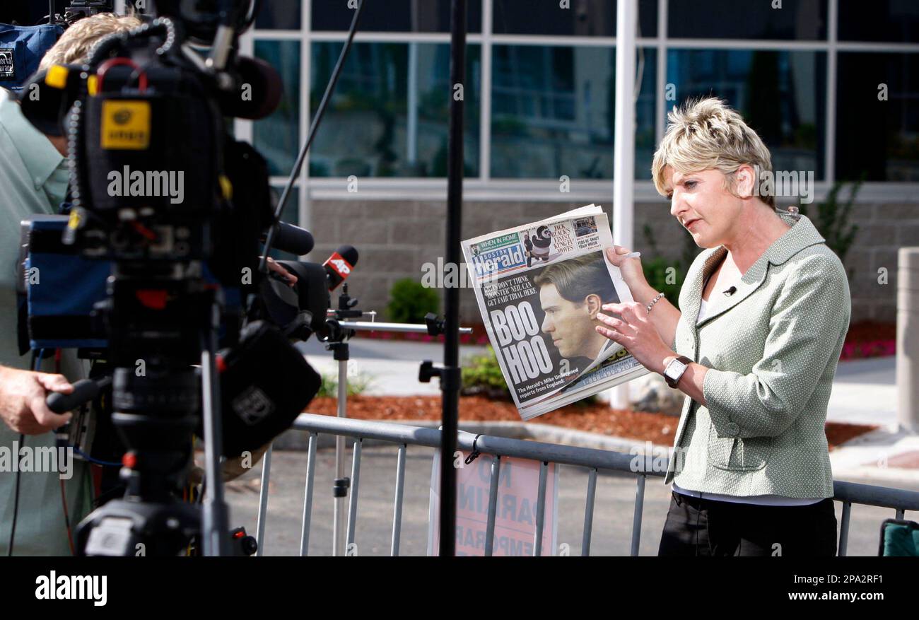 Michelle Clifford of Sky News holds today #39 s Boston Hearald showing Michelle Clifford of Sky News holds today #39 s Boston Hearald showing