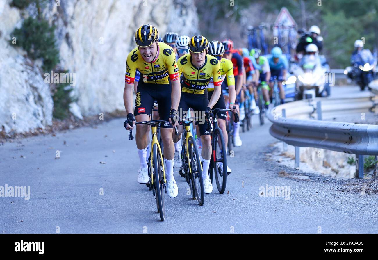 Norwegian Tobias Foss of Jumbo-Visma photographié en action pendant la phase 7 de l'édition 81st de la course Paris-Nice de huit jours, 142,9km de Nice au Col de la Couillole, France, samedi 11 mars 2023. BELGA PHOTO DAVID PINTENS Banque D'Images