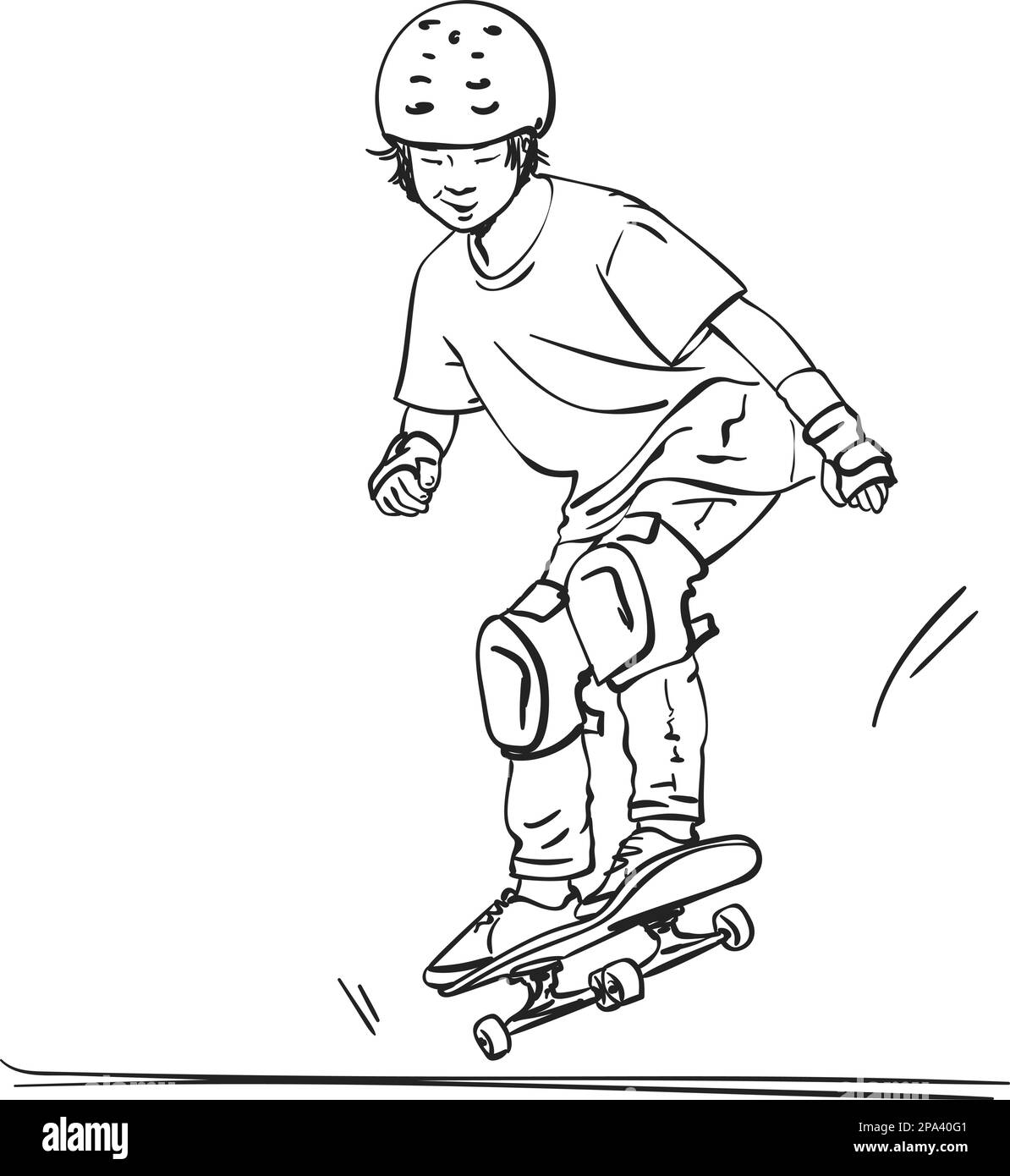 Dessin d'un skate asiatique pour garçon en protection totale et saut de casque sur planche à roulettes, dessin à la main, illustration vectorielle d'art isolée sur fond blanc Illustration de Vecteur