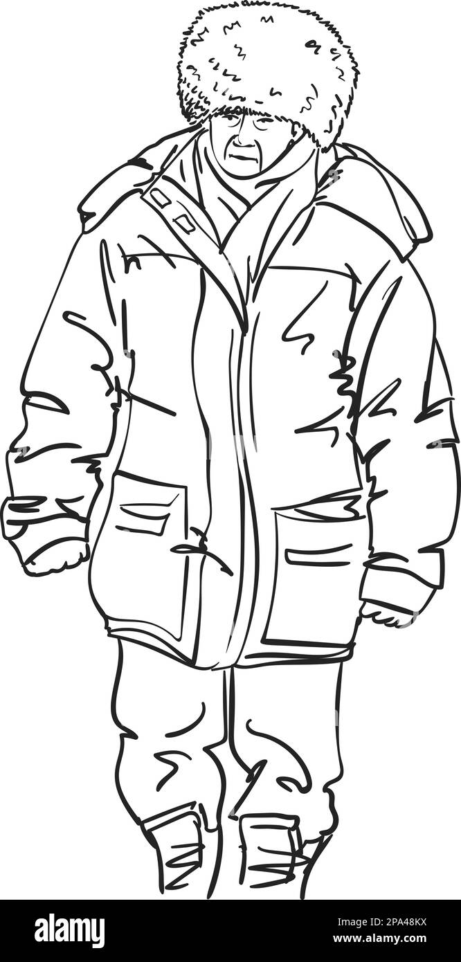 Croquis de la vieille femme dans des vêtements chauds d'hiver et un grand chapeau de fourrure, dessin à la main illustration dessin vectoriel ligne art Illustration de Vecteur