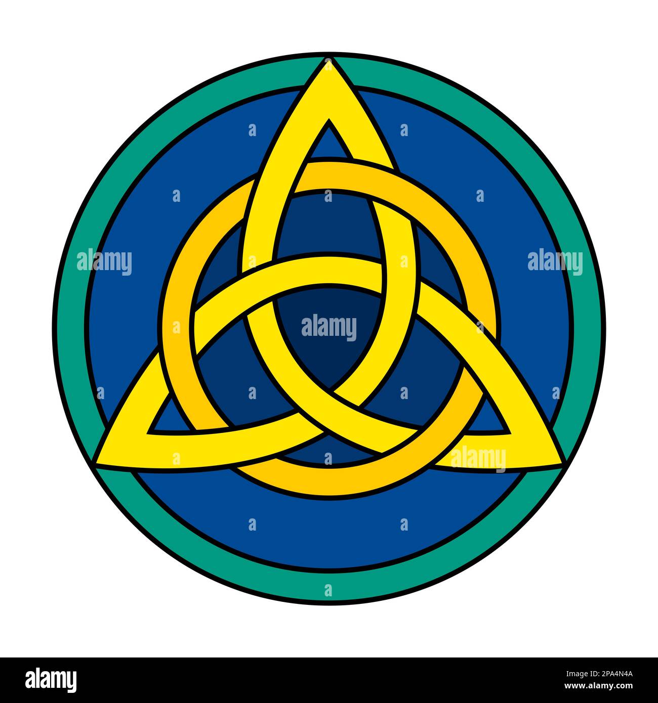 Nœud de trèfle celtique avec cercle dans un cadre circulaire. Triquetra jaune, entrelacée avec un cercle orange, sur fond bleu foncé. Banque D'Images