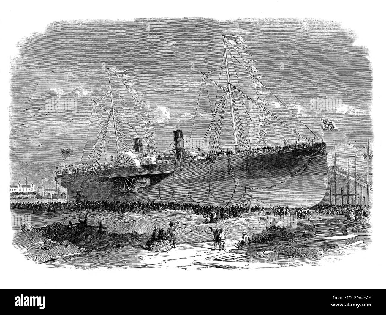 Le lancement du « Connaught », une voile et un bateau à vapeur de 380 pieds de long (120 m), à Jurow sur la Tyne, en Angleterre, en 1960. Elle a d'abord navigué de Galway, en Irlande, à St John's, à Terre-Neuve, puis a navigué jusqu'à Boston, au Massachusetts. Mais le navire a coulé en octobre 1860 dans une tempête à environ 100 milles marins (190 km) de Boston. Bien que tous les bateaux de sauvetage aient été écrasés dans la tempête, tous les passagers et l'équipage à bord ont été sauvés par les actions héroïques d'un navire de transport de fruits, le Minni Schiffer, et son capitaine, John Wilson. Banque D'Images