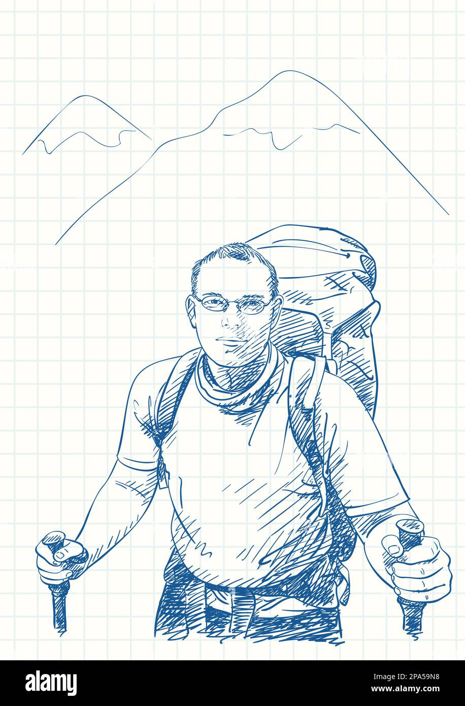 Homme trekking dans les montagnes avec grand sac à dos, dessin de plume bleue sur la page de bloc-notes quadrillé, illustration vectorielle dessinée à la main Illustration de Vecteur