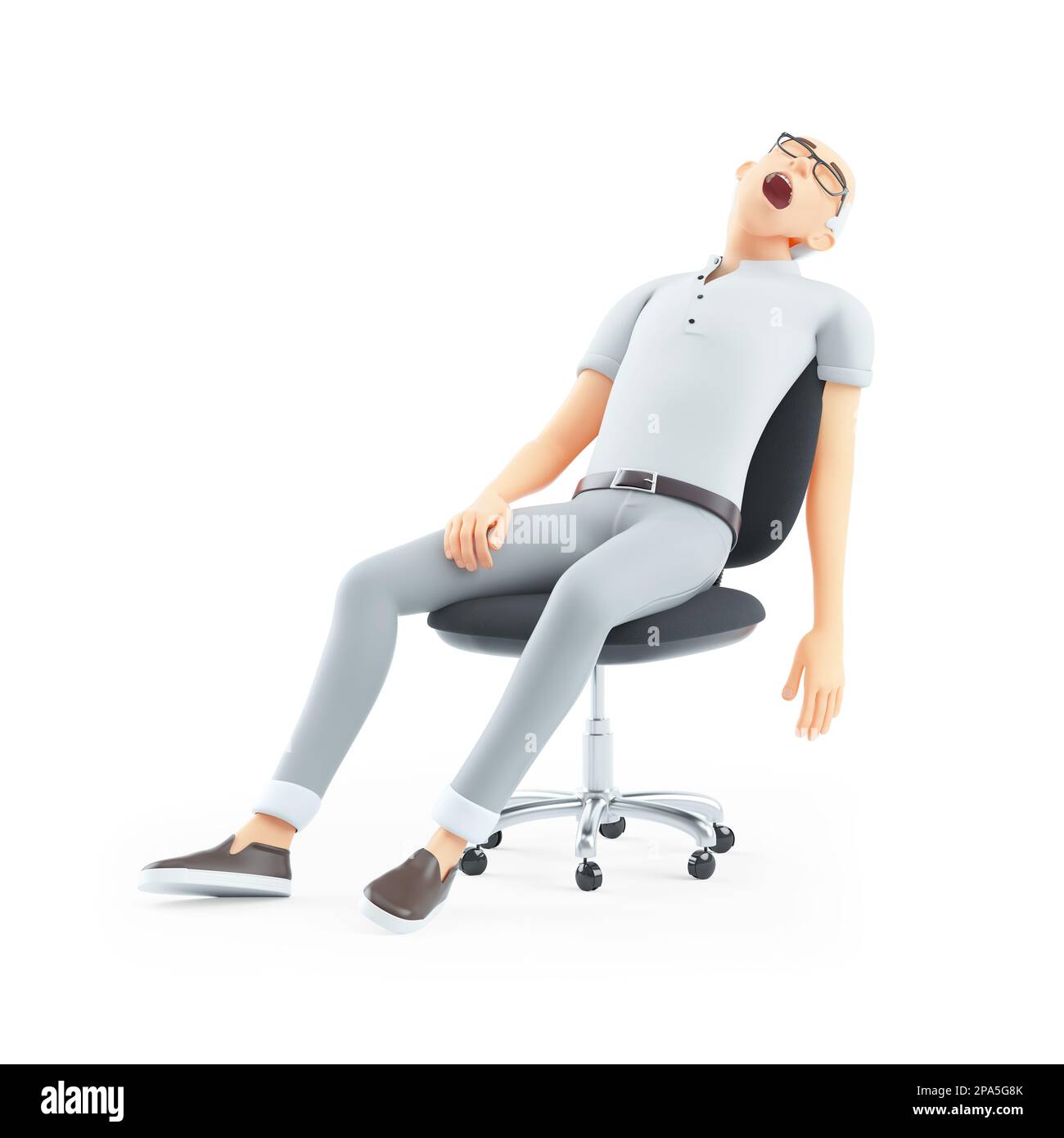 3d homme âgé dormant dans une chaise de bureau, illustration isolée sur fond blanc Banque D'Images