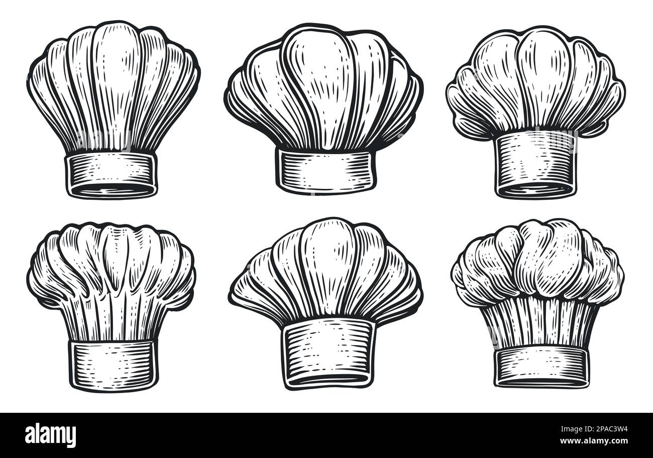 Ensemble de chef et chapeau de cuisinier pour le menu du restaurant. Symbole de cuisson. Illustration vectorielle vintage d'esquisse dessinée à la main Illustration de Vecteur