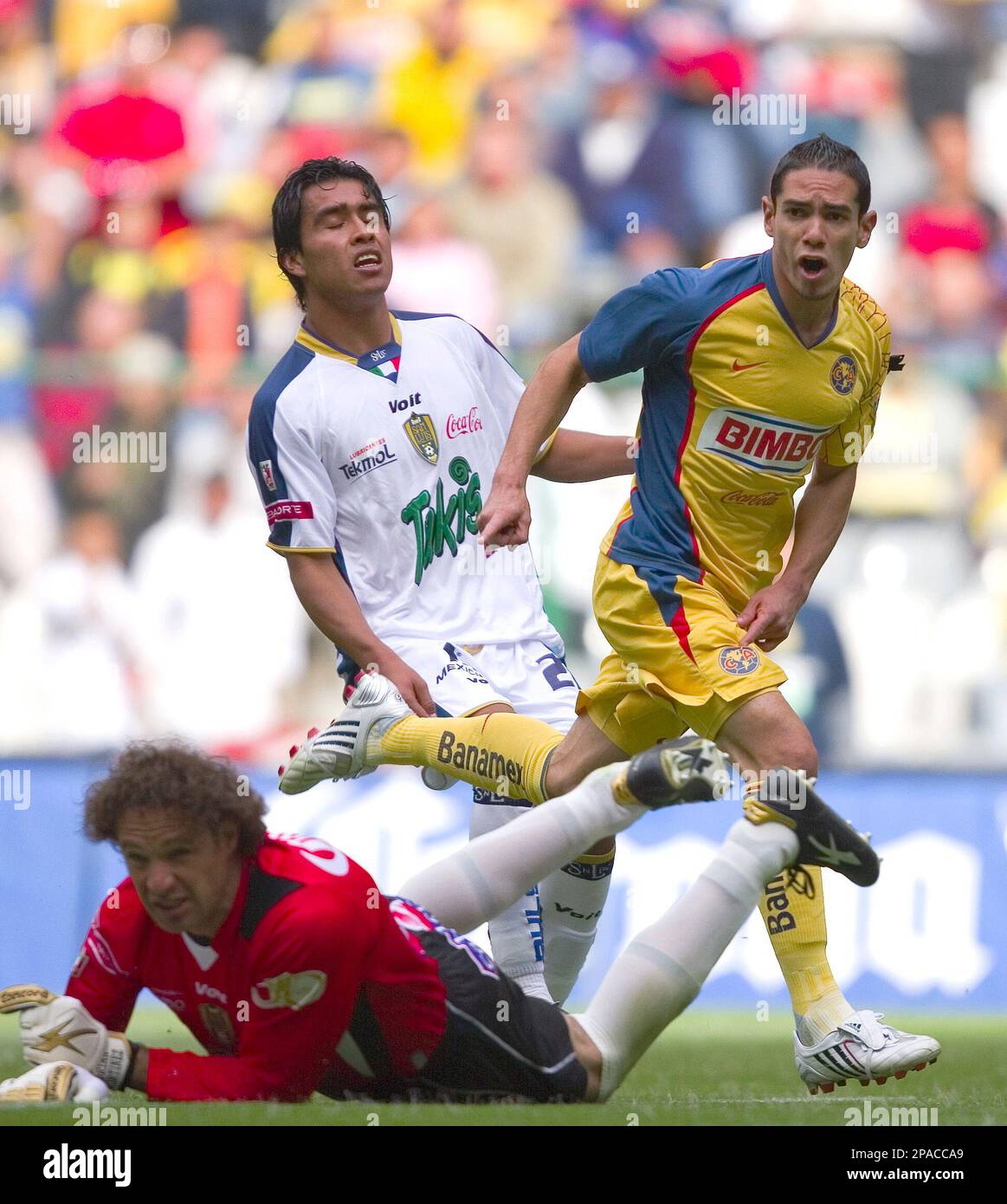 America's Oscar Rojas, right, reacts after scoring a goal as San Luis' goalkeeper Adrian Martinez, bottom, and Omar Monjarraz look on during a Mexican soccer league match in Mexico City, Sunday, March 9, 2008. ( AP Photo/Claudio Cruz) Banque D'Images