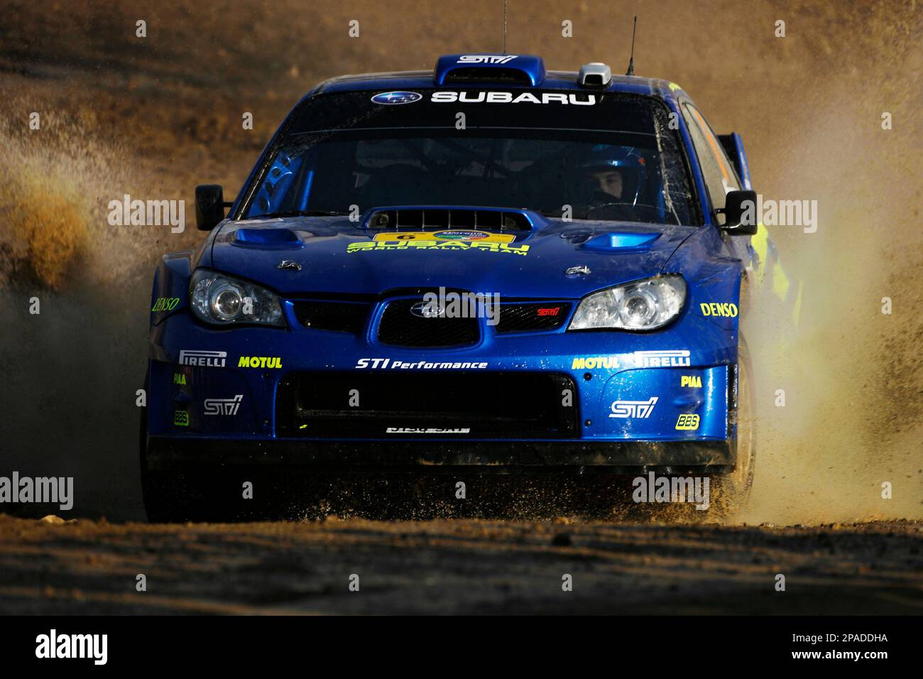 Subaru World Rally team pilot Chris Atkinson, of Australia, and co-driver Stephane Prevot, of Belgium, compete on the second day of the FIA's WRC Mexico Rally on the outskirts of Leon, Mexico, Saturday, March 1, 2008. (AP Photo/Guillermo Arias) Banque D'Images