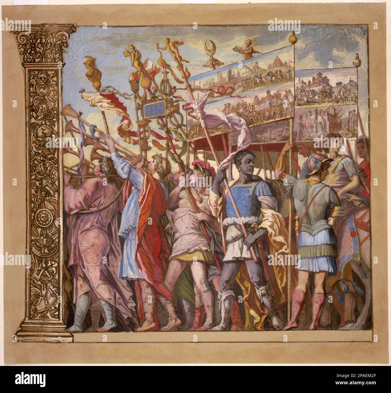1598 CA : le Triunph (US) Césaris ( le triomphe de Jules César - il TRIONFO DI GIULIO CESARE ), plaque 1 ( chiaroscuro coupe de bois avec gouache ), par le peintre italien Andrea Andreani ( 1584 - 1610 ), des fresques originales d'ANDREA MANTEGNA . - PORTRAIT - RITRATTO - ANTICA ROMA - ROME ANTIQUE - RINASCIMENTO - RENAISSANCE - ARTE - ARTS VISUELS - ARTI VISIVE - PITTORE - GRAVURE - INCISIONE - ACQUARELLO --- ARCHIVIO GBB Banque D'Images