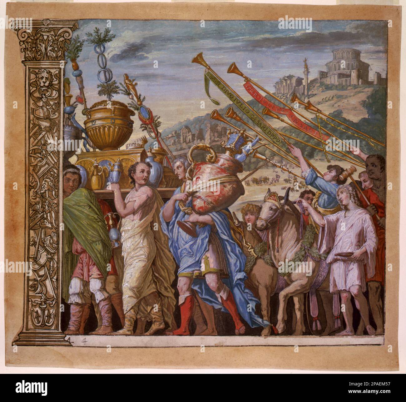 1598 CA : le Triunph (US) Césaris ( le triomphe de Jules César - il TRIONFO DI GIULIO CESARE ), plaque 4 ( chiaroscuro coupe de bois avec gouache ), par le peintre italien Andrea Andreani ( 1584 - 1610 ), des fresques originales d'ANDREA MANTEGNA . - PORTRAIT - RITRATTO - ANTICA ROMA - ROME ANTIQUE - RINASCIMENTO - RENAISSANCE - ARTE - ARTS VISUELS - ARTI VISIVE - PITTORE - GRAVURE - INCISIONE - ACQUARELLO --- ARCHIVIO GBB Banque D'Images