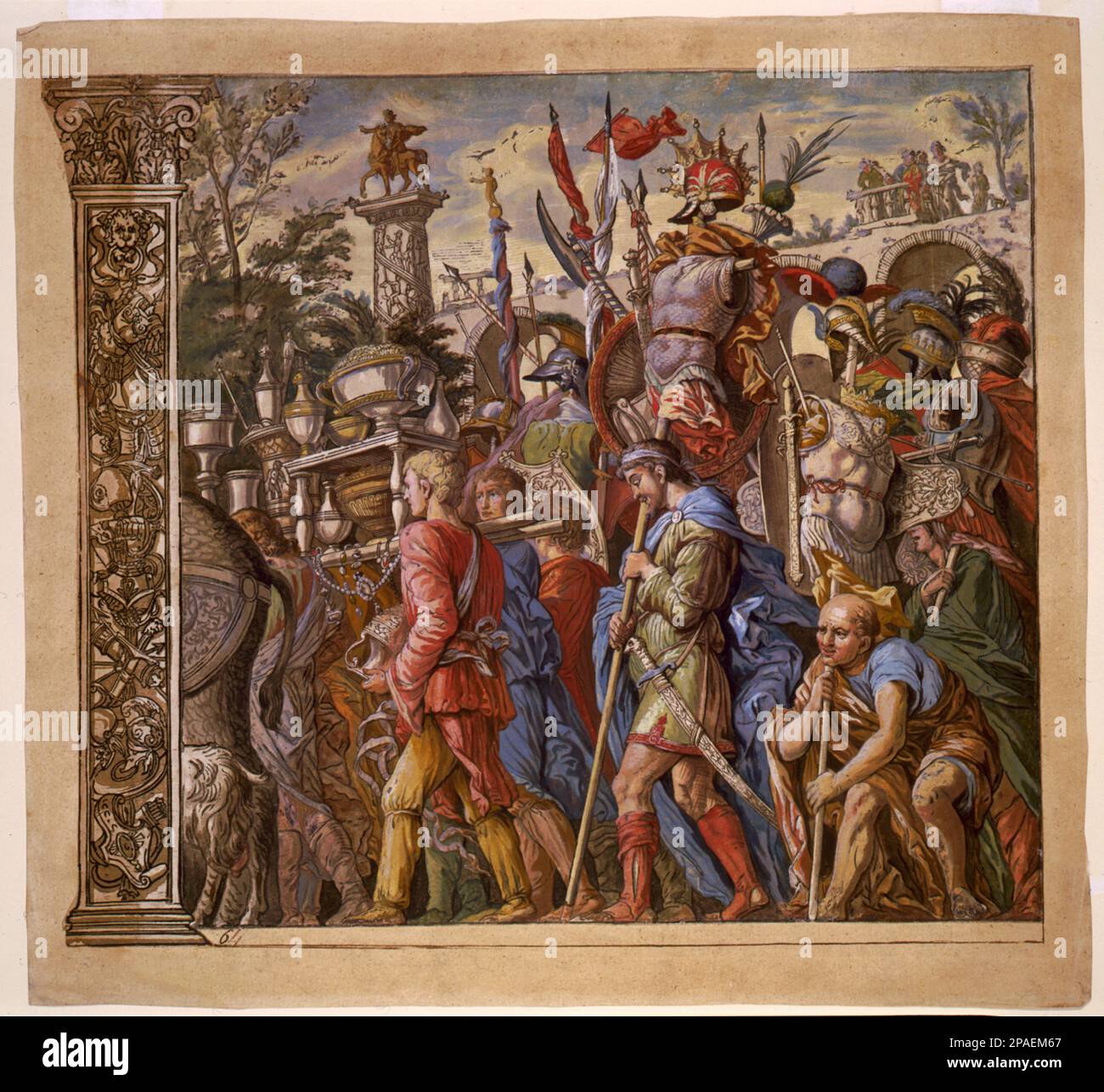 1598 CA : le Triunph (US) Césaris ( le triomphe de Jules César - il TRIONFO DI GIULIO CESARE ), plaque 6 ( chiaroscuro coupe de bois avec gouache ), par le peintre italien Andrea Andreani ( 1584 - 1610 ), des fresques originales d'ANDREA MANTEGNA . - PORTRAIT - RITRATTO - ANTICA ROMA - ROME ANTIQUE - RINASCIMENTO - RENAISSANCE - ARTE - ARTS VISUELS - ARTI VISIVE - PITTORE - GRAVURE - INCISIONE - ACQUARELLO --- ARCHIVIO GBB Banque D'Images
