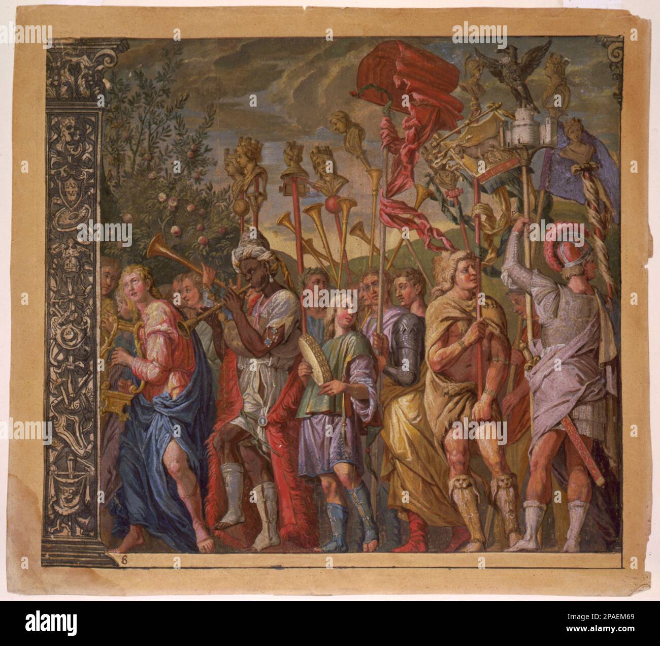 1598 CA : le Triunph (US) Césaris ( le triomphe de Jules César - il TRIONFO DI GIULIO CESARE ), plaque 8 ( chiaroscuro coupe de bois avec gouache ), par le peintre italien Andrea Andreani ( 1584 - 1610 ), des fresques originales d'ANDREA MANTEGNA . - PORTRAIT - RITRATTO - ANTICA ROMA - ROME ANTIQUE - RINASCIMENTO - RENAISSANCE - ARTE - ARTS VISUELS - ARTI VISIVE - PITTORE - GRAVURE - INCISIONE - ACQUARELLO --- ARCHIVIO GBB Banque D'Images