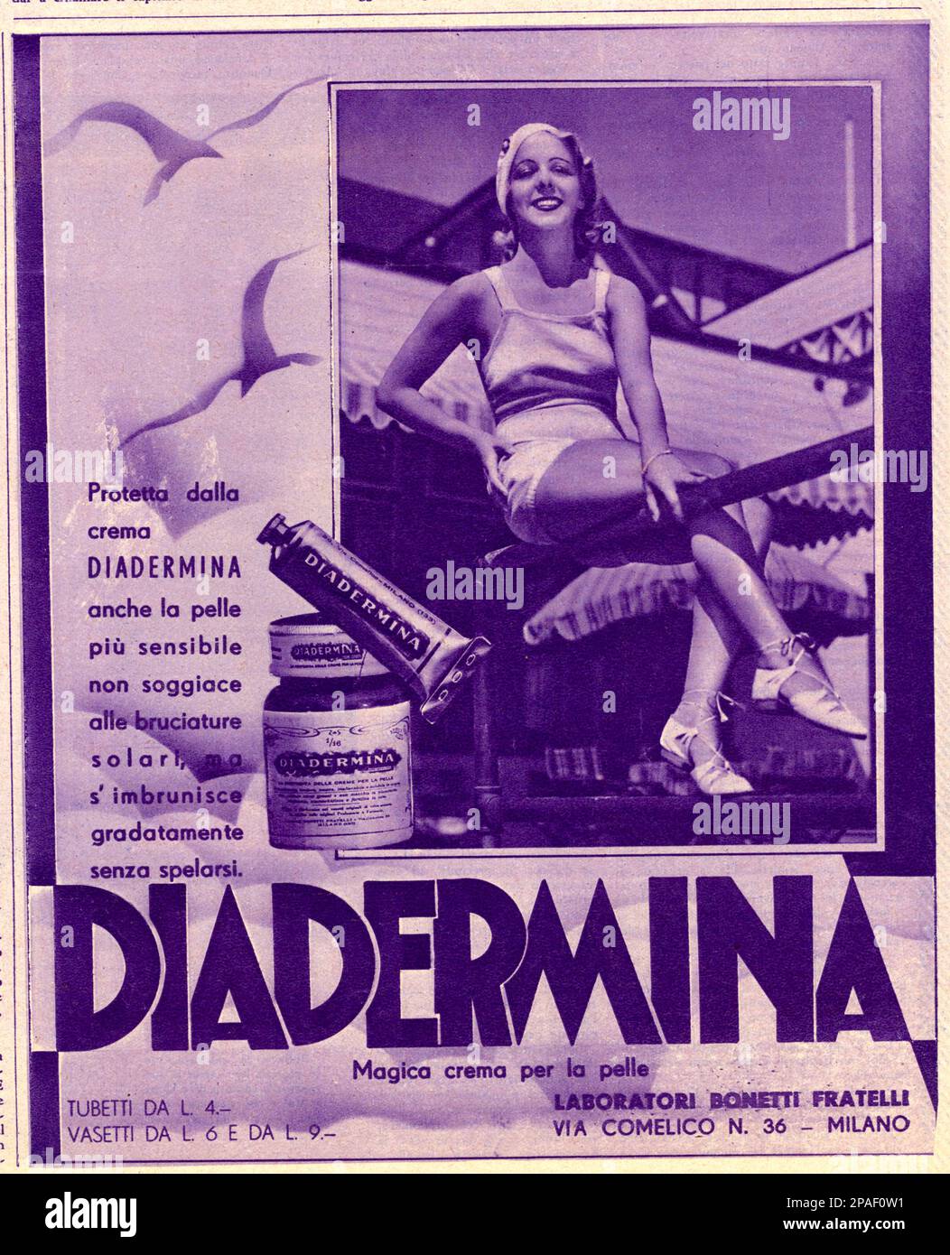 1935 , Italie : la publicité pour DIADERMINA crème , abbronzante tan-Sun - FASCISMO - FASCISTA - FASCISME - FASCISTE - ANNI TRENTA - 30's - '30 - portrait - ritratto - ANNI TRENTA - pubblicita' - - costume da bagno - maillot de bain ---- ARCHIVIO GBB Banque D'Images