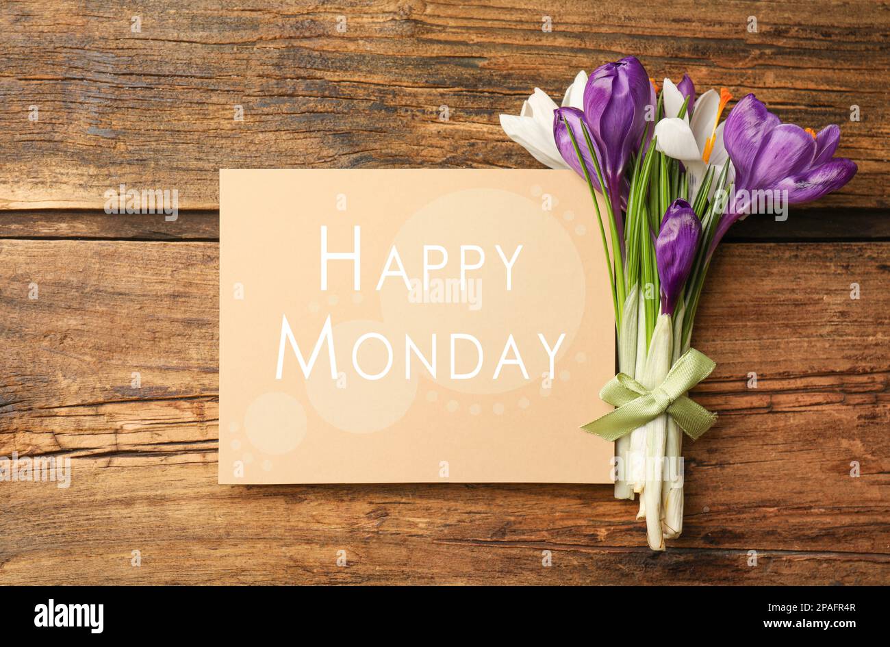 Belles fleurs de ccrocus de printemps et carte avec phrase Happy Monday sur table en bois, plat Banque D'Images