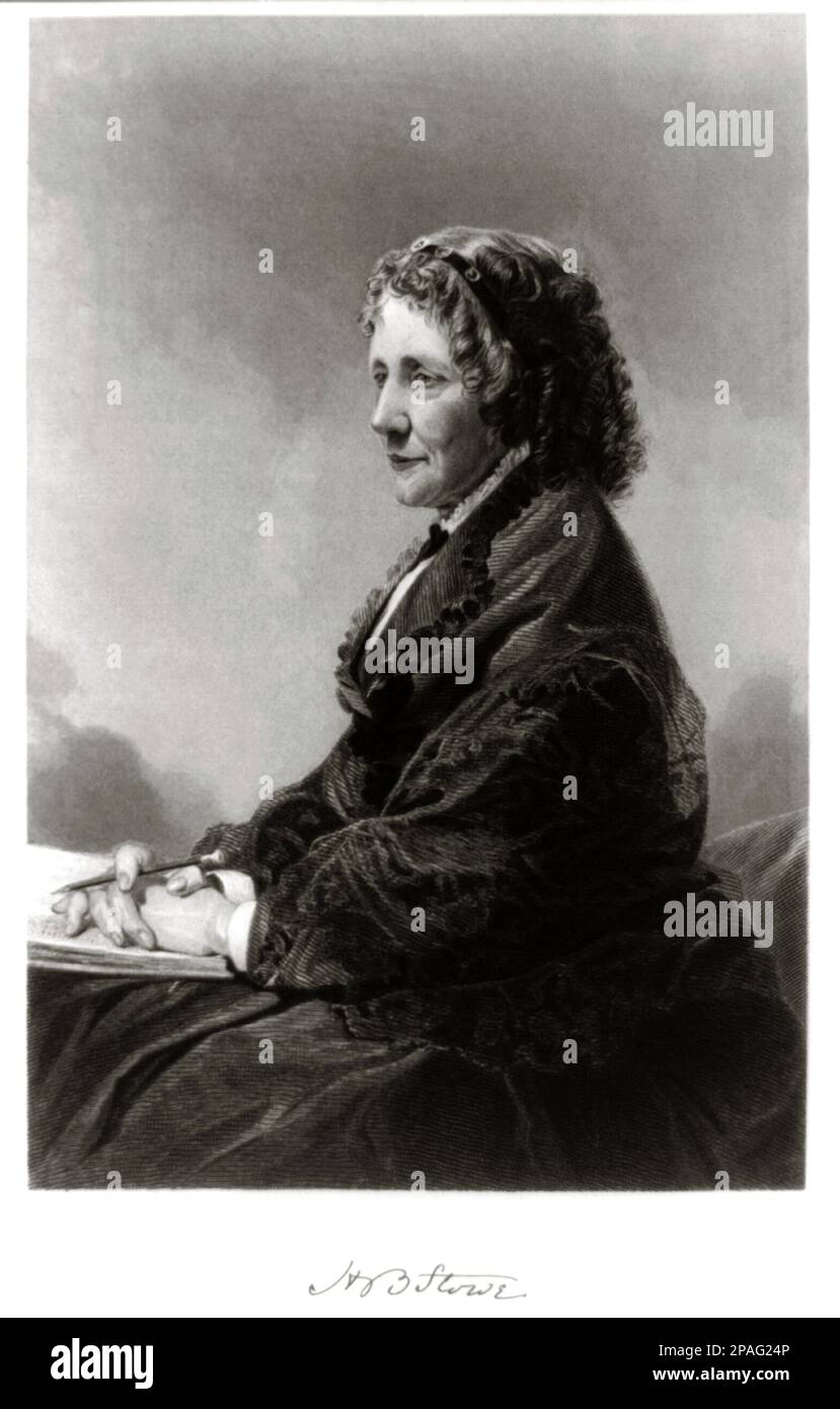 L'abolitionniste et romancière américaine , écrivain , HARRIET BEECHER STOWE ( 1811 - 1896 ) auteur du livre le plus célèbre ONCLE TOM'S CABIN ( 1852 ) attaqua la cruauté de l'esclavage; il a atteint des millions comme roman et jeu, et est devenu influent, même en Grande-Bretagne. Il a rendu les questions politiques de 1850s concernant l'esclavage tangibles pour des millions de personnes, stimulant les forces anti-esclavagistes dans le Nord américain. Elle a fait irrité et amertume avec le Sud. L'impact est résumé dans une déclaration communément citée apocryphally attribuée à Abraham Lincoln. Quand il a rencontré Stowe, on prétend qu'il a dit : « Tu es Th Banque D'Images