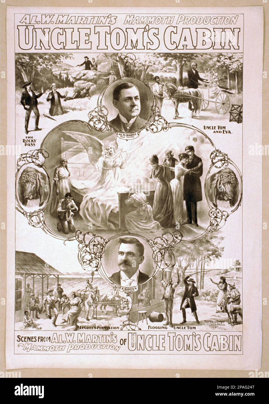 1899 , États-Unis : Al. W. Martin's Mammoth THEATRE production, Oncle Tom's Cabin . L'abolitionniste et romancière américaine , écrivain , HARRIET BEECHER STOWE ( 1811 - 1896 ) auteur du livre le plus célèbre ONCLE TOM'S CABIN ( 1852 ) attaqua la cruauté de l'esclavage; il a atteint des millions comme roman et jeu, et est devenu influent, même en Grande-Bretagne. Il a rendu les questions politiques de 1850s concernant l'esclavage tangibles pour des millions de personnes, stimulant les forces anti-esclavagistes dans le Nord américain. Elle a fait irrité et amertume avec le Sud. L'impact est résumé dans un énoncé communément cité apocryphally attribué à Banque D'Images