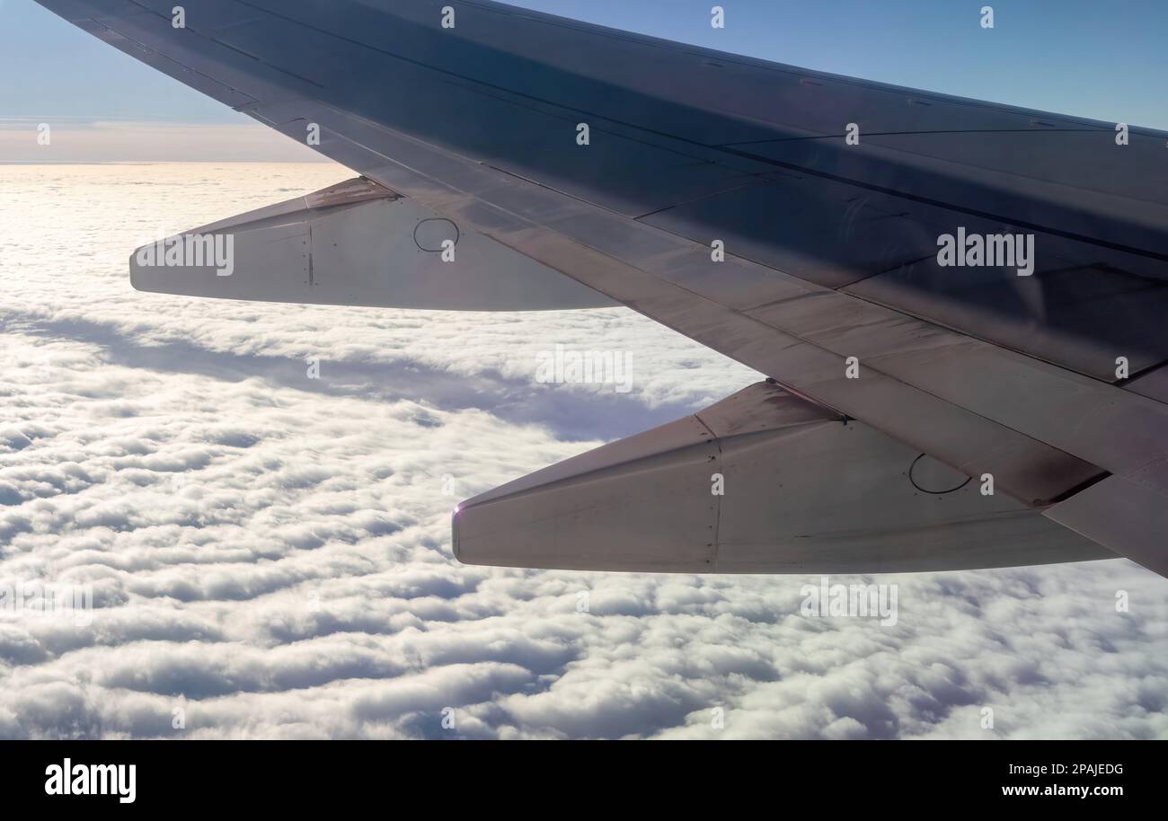 Sun Country Airlines survole des nuages avec une crête en eux et l'horizon au loin avec un ciel bleu magnifique ; avec l'aile de l'avion. Banque D'Images