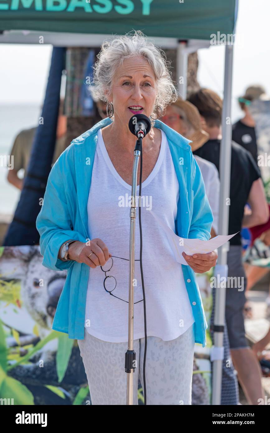 Elizabeth Farrelly, candidate indépendante à la Chambre haute à l'élection de l'État de 25 mars 2023 en Nouvelle-Galles du Sud, prenant la parole lors d'une réunion de protestation à Manly Beach pour sauver les koalas en Nouvelle-Galles du Sud. L'événement était organisé par des membres de la Fondation Bob Brown. Les orateurs à la réunion ont appelé à la fin de l'exploitation forestière des forêts indigènes et à la création d'un parc national du Koala sur la côte nord. Credit: Stephen Dwyer / Alamy Live News Banque D'Images