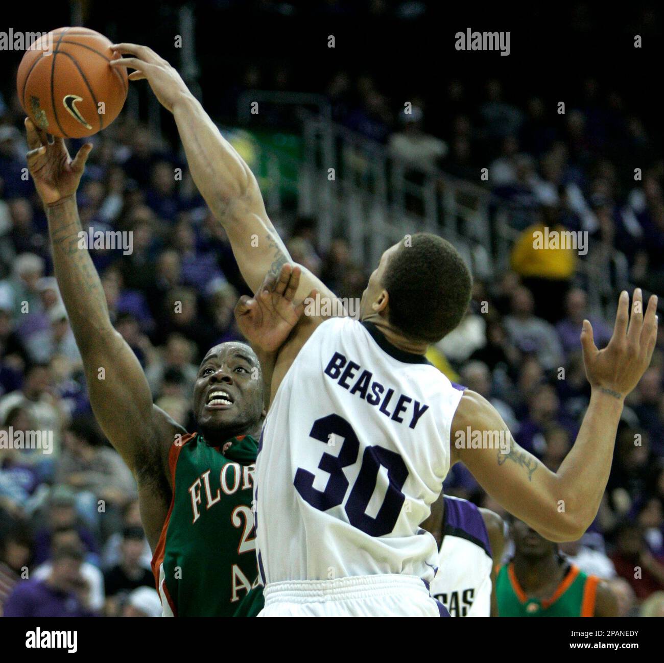 Kansas State forward Michael Beasley (30) blocks a shot by Florida A&M