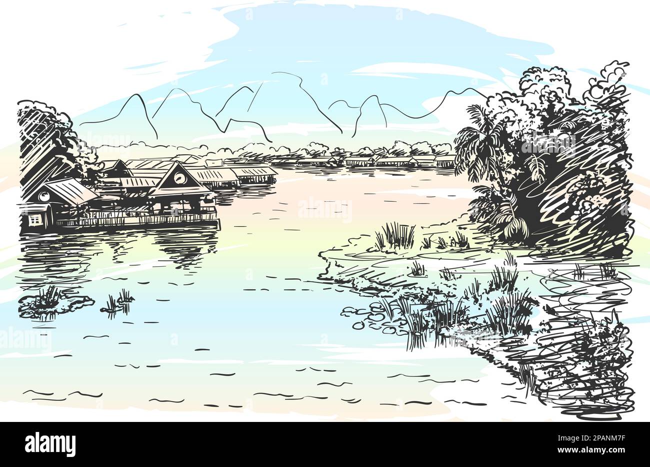 Croquis de paysage de rivière en Asie du Sud-est avec village et jungle le long des rives et karst paysage de montagnes, dessin à la main illustration vectorielle sur wat Illustration de Vecteur