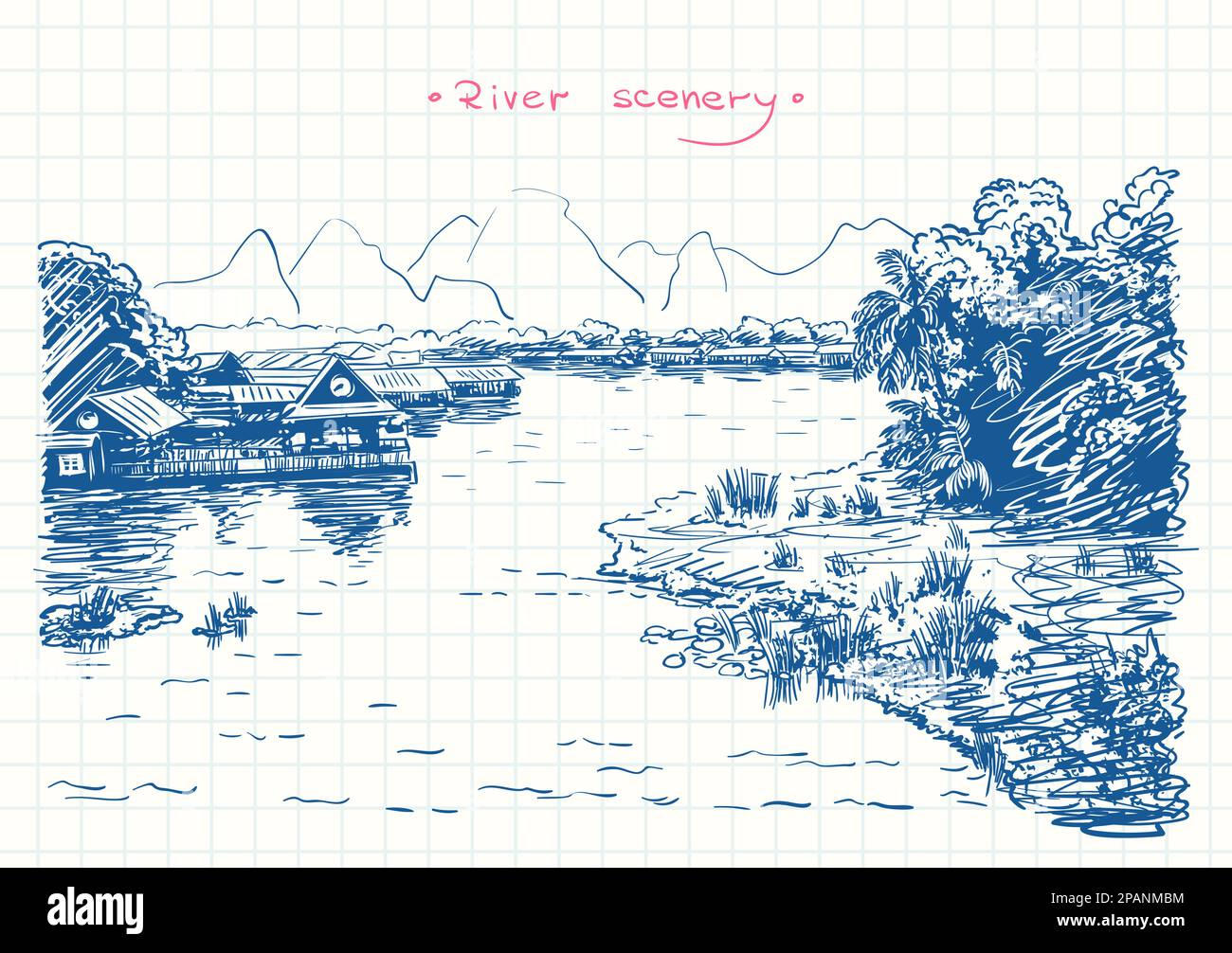 Paysage de rivière en Asie du Sud-est avec village et jungle le long des rives et karst paysage de montagnes, dessin de plume bleue sur la page de journal de grille carrée, main Illustration de Vecteur