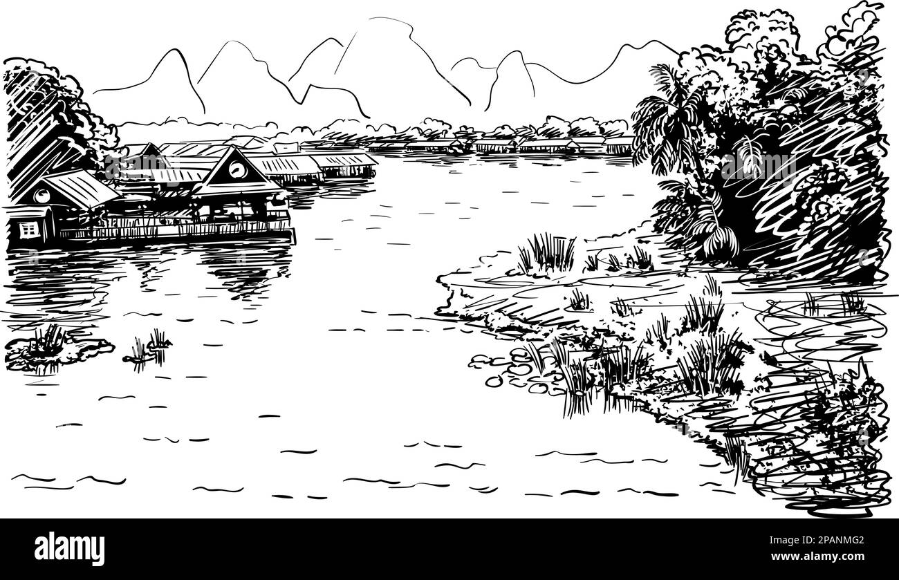 Croquis de paysage de rivière en Asie du Sud-est avec village et jungle le long des rives et karst paysage de montagnes, dessin à la main illustration vectorielle Illustration de Vecteur