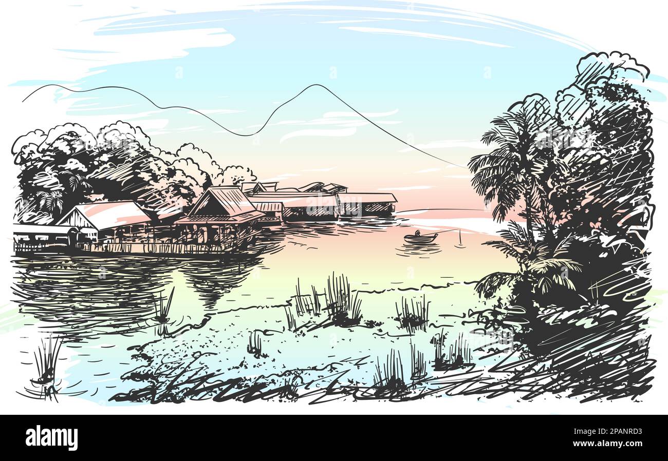 Croquis de paysage fluvial en Asie du Sud-est avec bateau de pêche, village, jungle et montagne, illustration vectorielle dessinée à la main Illustration de Vecteur