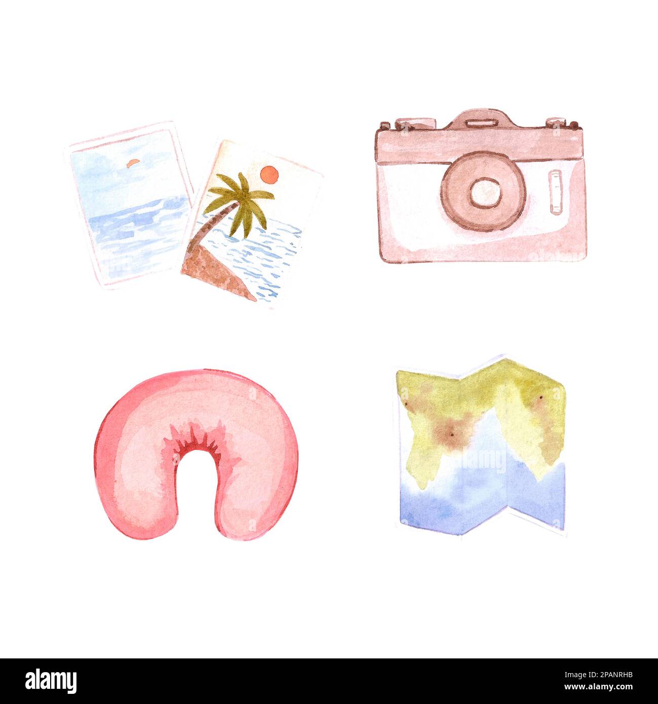 Set de voyage aquarelle dessiné à la main sur fond blanc. Éléments de conception de scrapbook. Affiche typographique, invitation, carte postale, étiquette, bannière Banque D'Images