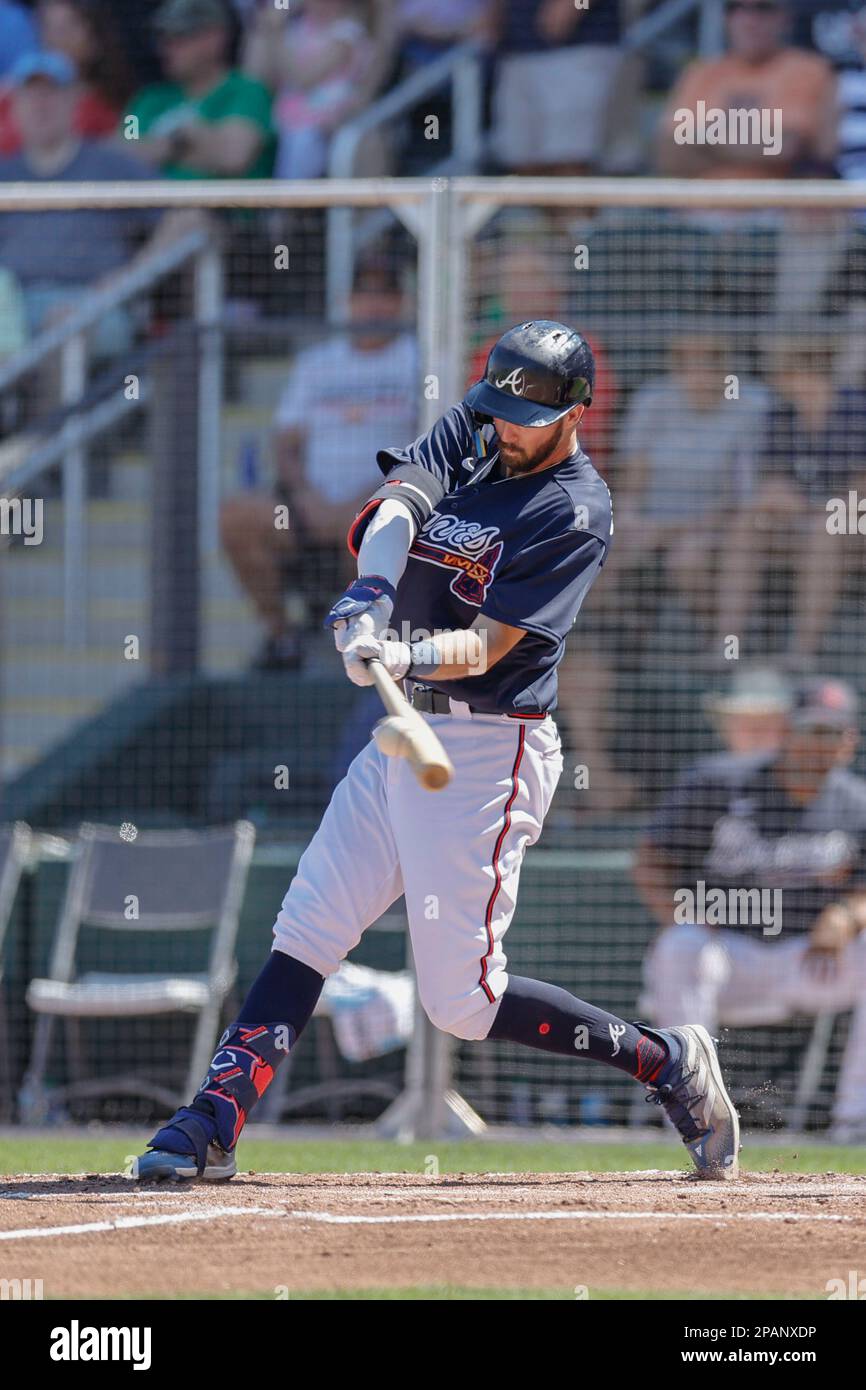 11 mars 2023, North Port FL États-Unis; Atlanta Braves shortstop Braden Shewmake (65) double à Centerfield pendant un match d'entraînement de printemps de la MLB contre le Banque D'Images