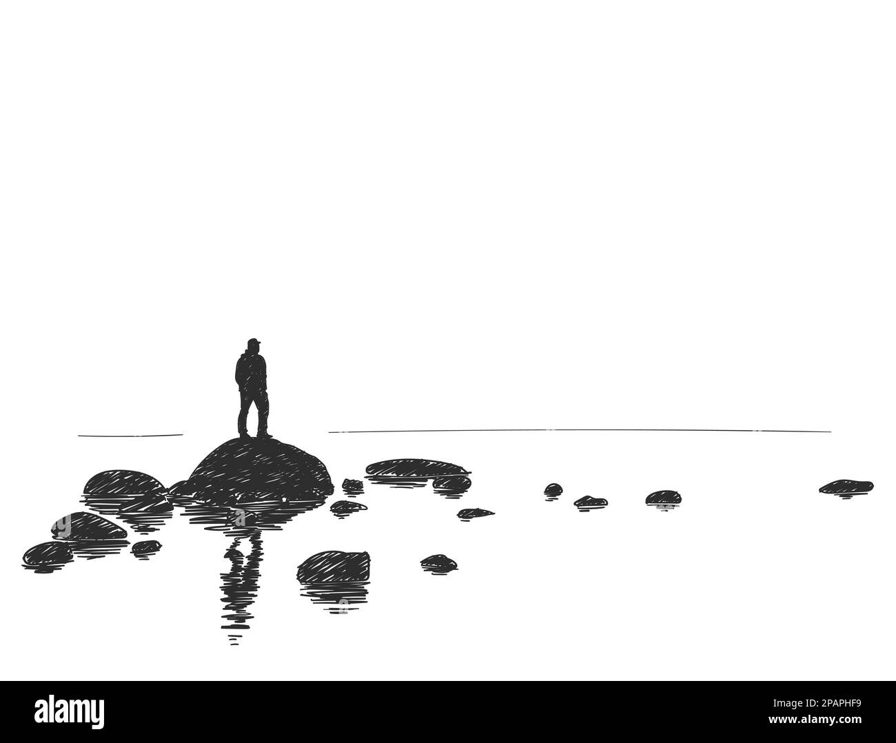 Silhouette dessinée à la main d'un homme debout sur un gros rocher avec réflexion dans une eau calme. Esquisse vectorielle Illustration de Vecteur
