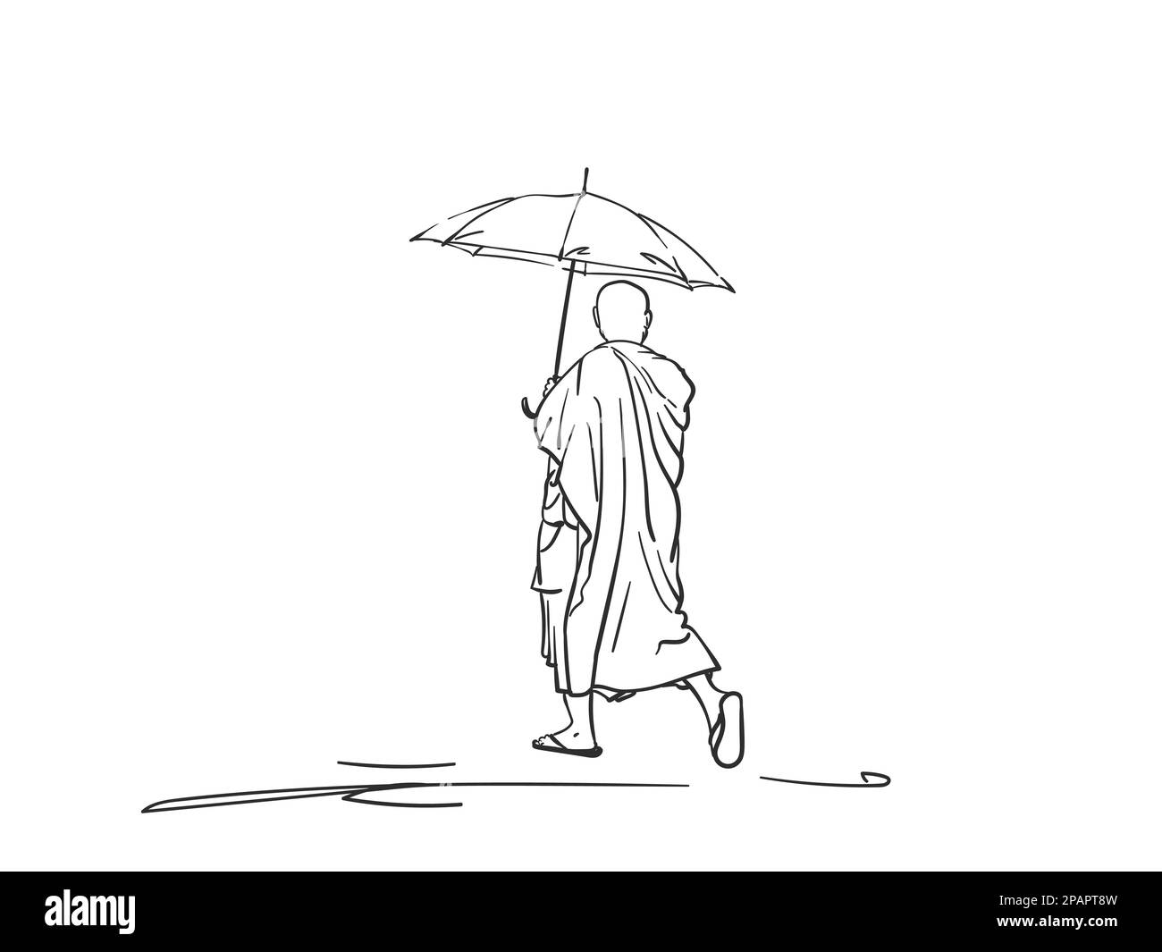Croquis de marche de moine bouddhiste sous parapluie, dessin à la main vecteur linéaire illustration Illustration de Vecteur