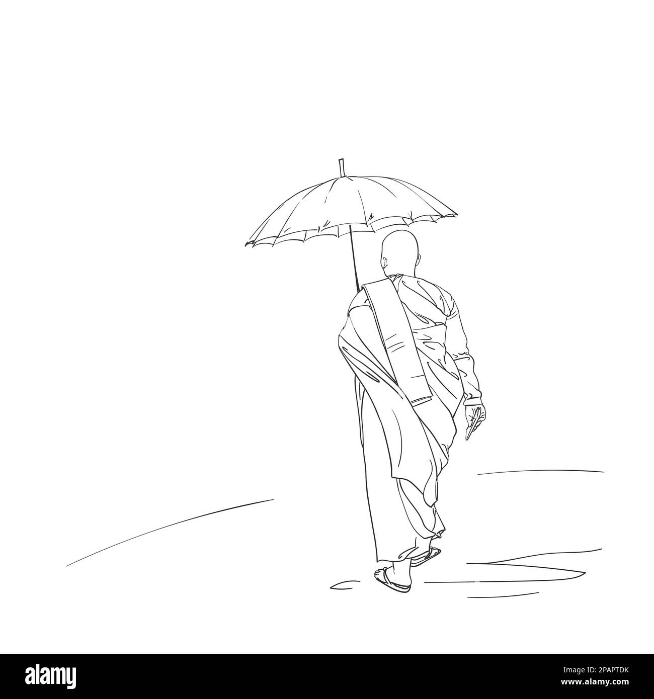 Croquis de marche bouddhiste nun sous parapluie, dessin à la main vecteur linéaire illustration Illustration de Vecteur