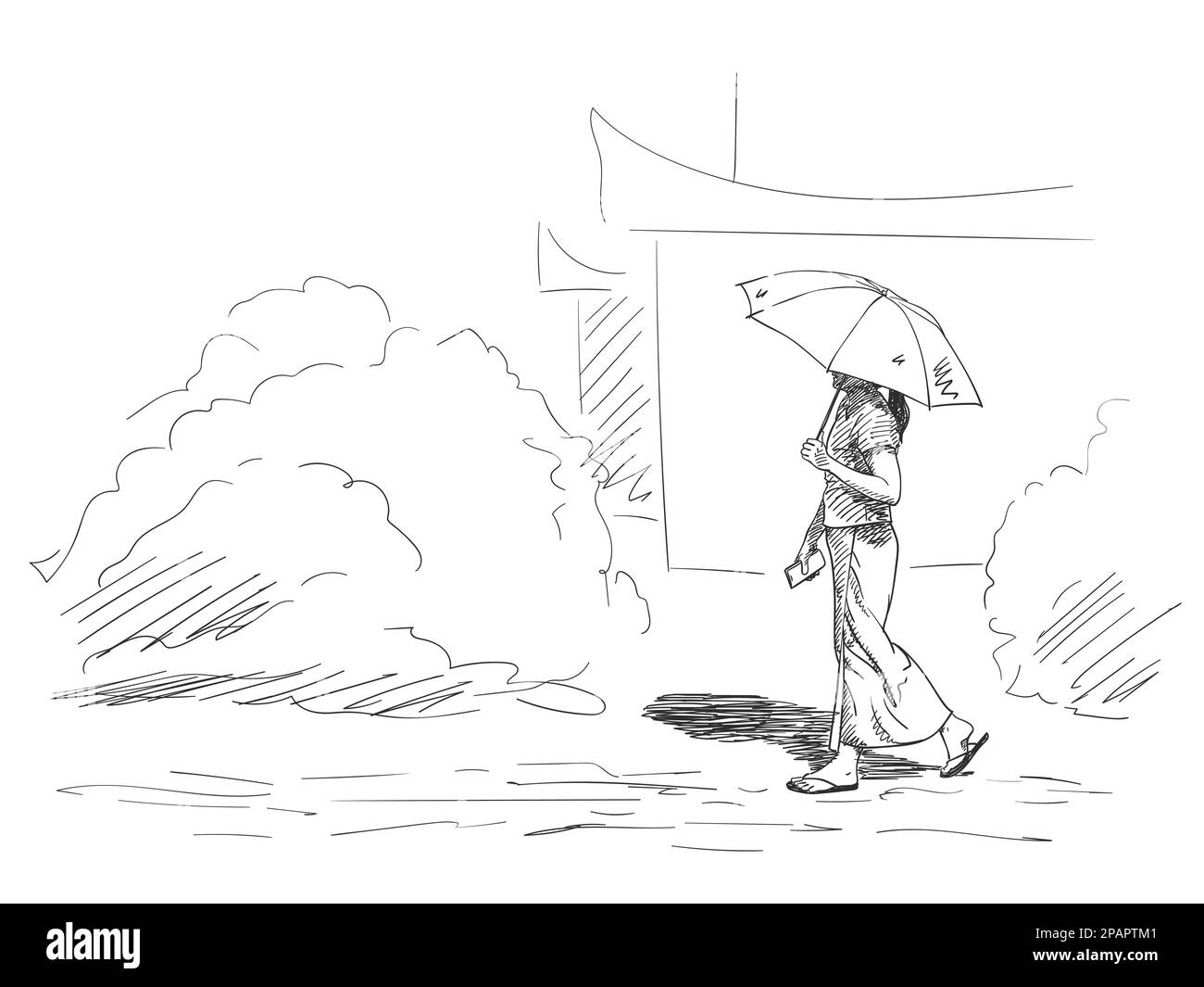 Dessin d'une femme marchant avec un parasol, vue arrière, illustration vectorielle dessinée à la main Illustration de Vecteur