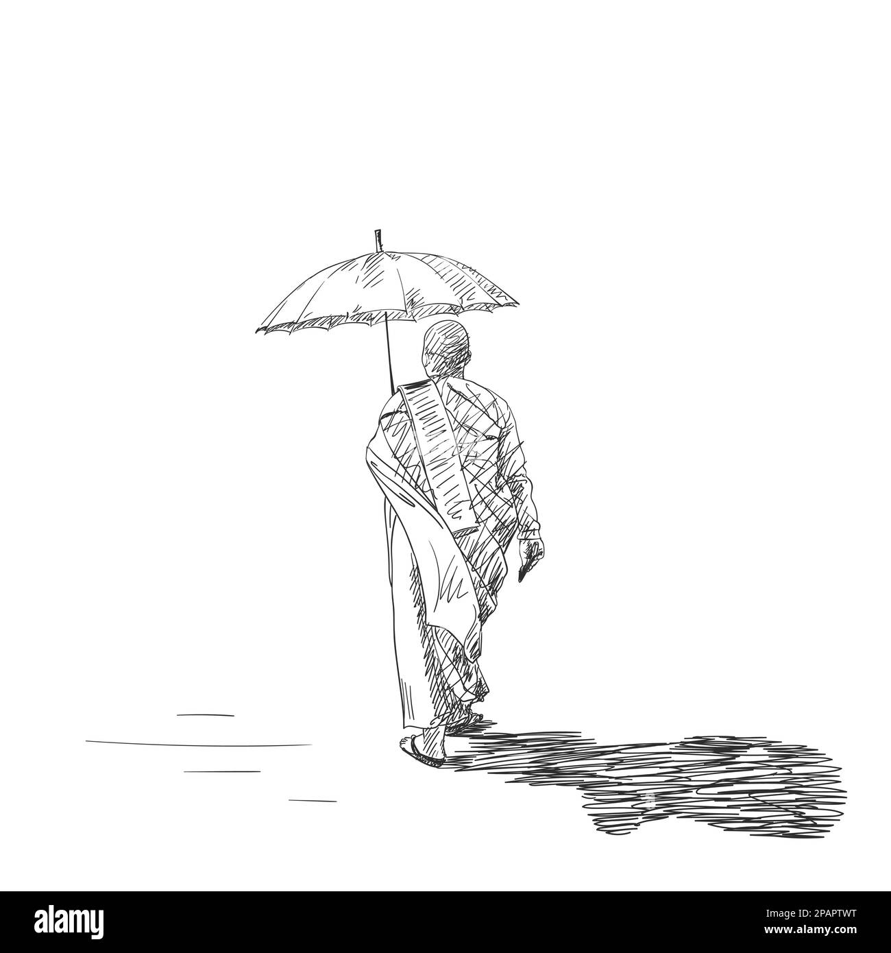 Croquis de la marche bouddhiste nun sous parapluie, dessin de vecteur à la main illustration Illustration de Vecteur